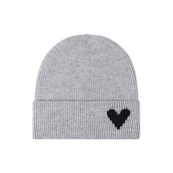 Women's Knit Beanie Hat with Embroidered Heart Detail and Folded Cuff