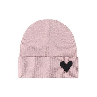 Women's Knit Beanie Hat with Embroidered Heart Detail and Folded Cuff