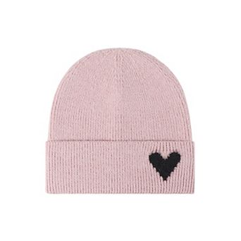 Women's Knit Beanie Hat with Embroidered Heart Detail and Folded Cuff