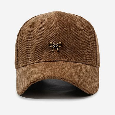 Women's Herringbone Baseball Cap with Bow Accent and Curved Brim