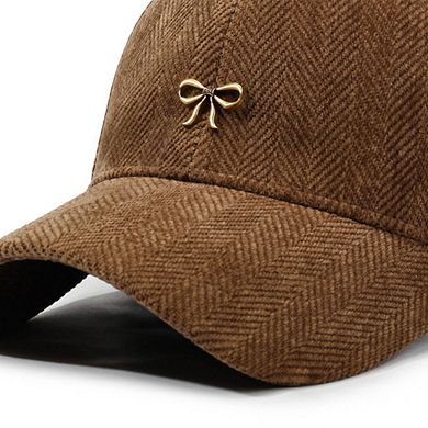 Women's Herringbone Baseball Cap with Bow Accent and Curved Brim