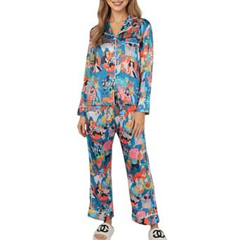 Women's 2 pc Long Sleeve Button Front Top and Relaxed Fit Pants Pajama Set with Playful Dog Print
