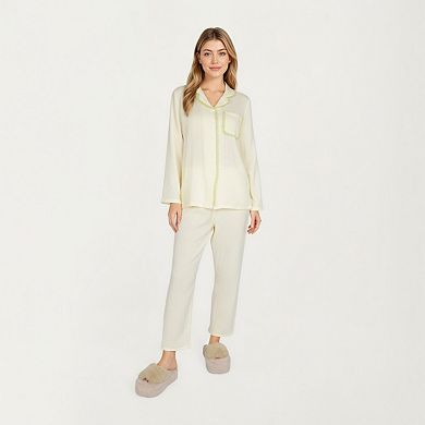 Women's 2-Piece Set Long Sleeve Button Front Pajama Top with Lace Trim Collar and Relaxed Fit Pants