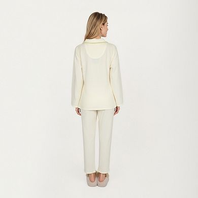 Women's 2-Piece Set Long Sleeve Button Front Pajama Top with Lace Trim Collar and Relaxed Fit Pants