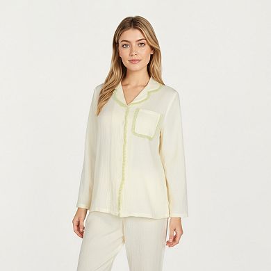 Women's 2-Piece Set Long Sleeve Button Front Pajama Top with Lace Trim Collar and Relaxed Fit Pants