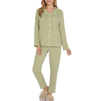 Women's 2 pc Set Long Sleeve Button Front Pajama Top with Lace Trim Collar and Relaxed Fit Pants