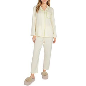 Women's 2 pc Set Long Sleeve Button Front Pajama Top with Lace Trim Collar and Relaxed Fit Pants