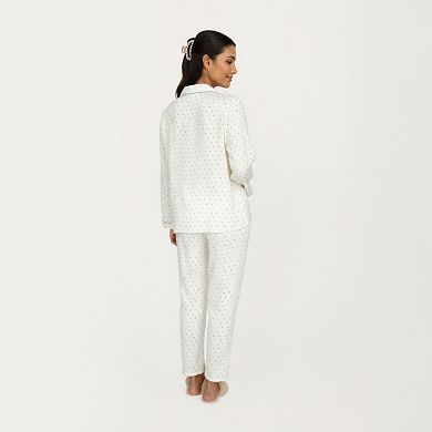 Women's 2-Piece Set Long Sleeve Button Front Pajama Top with Contrast Piping and Relaxed Fit Pants