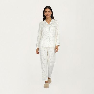 Women's 2-Piece Set Long Sleeve Button Front Pajama Top with Contrast Piping and Relaxed Fit Pants