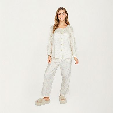 Women's Long Sleeve Button Front Top with Built-In Chest Pads and Relaxed Fit Pants Pajama Set
