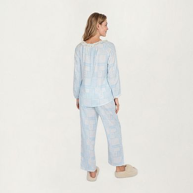 Women's Long Sleeve Button Front Top with Built-In Chest Pads and Relaxed Fit Pants Pajama Set