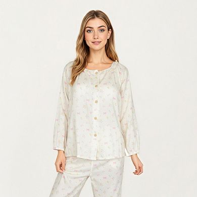 Women's Long Sleeve Button Front Top with Built-In Chest Pads and Relaxed Fit Pants Pajama Set