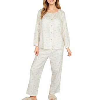 Women's Long Sleeve Button Front Top with Built-In Chest Pads and Relaxed Fit Pants Pajama Set