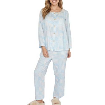 Women's Long Sleeve Button Front Top with Built-In Chest Pads and Relaxed Fit Pants Pajama Set