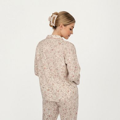 Women's 2-Piece Set Button Front Floral Print Pajama Top with Notched Collar and Relaxed Pants