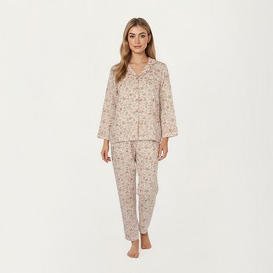 Women's 2-Piece Set Button Front Floral Print Pajama Top with Notched Collar and Relaxed Pants