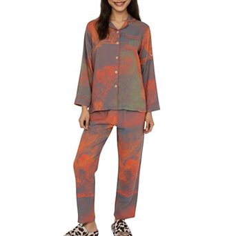 Women's 2 pc Long Sleeve Button Front Top and Relaxed Fit Pants Pajama Set with Abstract Print