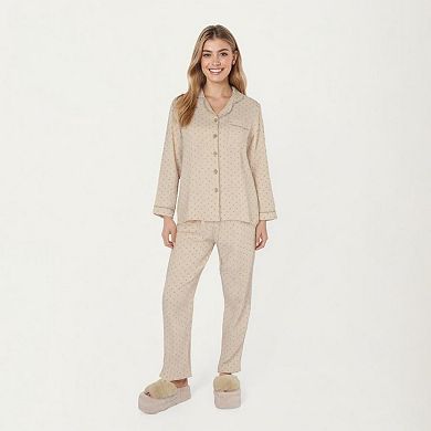 Women's 2-Piece Set Button Front Pajama Top with Contrast Piping and Relaxed Fit Pants