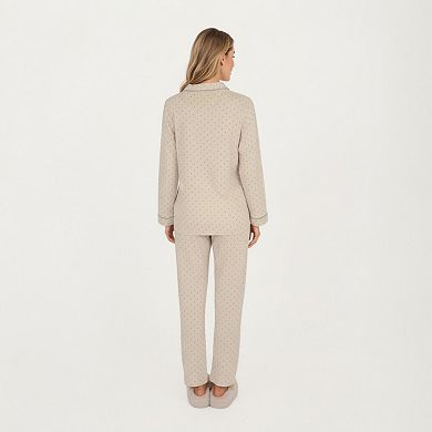 Women's 2-Piece Set Button Front Pajama Top with Contrast Piping and Relaxed Fit Pants