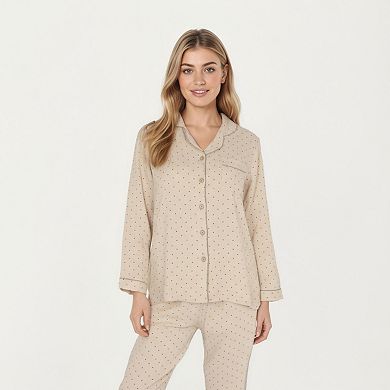 Women's 2-Piece Set Button Front Pajama Top with Contrast Piping and Relaxed Fit Pants