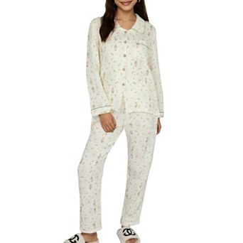 Women's 2 pc Set Long Sleeve Button Front Top and Relaxed Fit Pants Pajama Set with Tulip Print