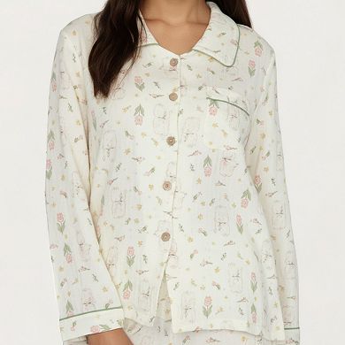 Women's 2-Piece Set Long Sleeve Button Front Top and Relaxed Fit Pants Pajama Set with Tulip Print