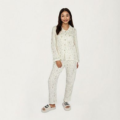 Women's 2-Piece Set Long Sleeve Button Front Top and Relaxed Fit Pants Pajama Set with Tulip Print
