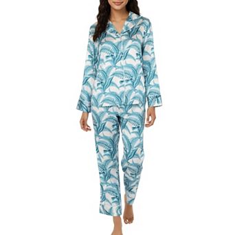 Women's 2 pc Long Sleeve Button Front Pajama Set with Tropical Leaf Print and Soft Silky Fabric