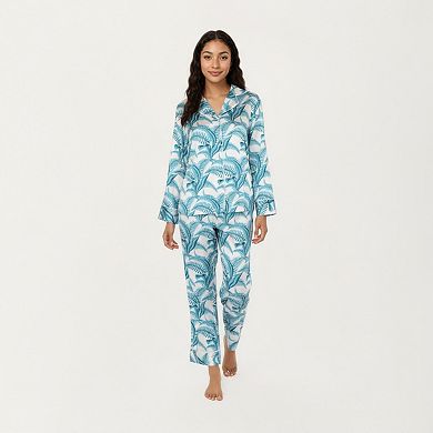 Women's 2-Piece Long Sleeve Button Front Pajama Set with Tropical Leaf Print and Soft Silky Fabric