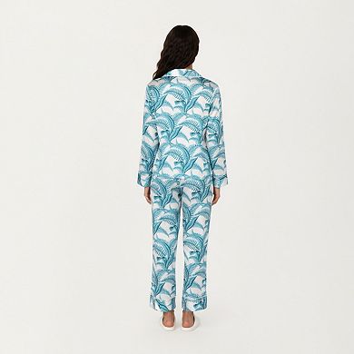 Women's 2-Piece Long Sleeve Button Front Pajama Set with Tropical Leaf Print and Soft Silky Fabric