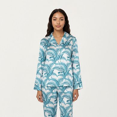 Women's 2-Piece Long Sleeve Button Front Pajama Set with Tropical Leaf Print and Soft Silky Fabric