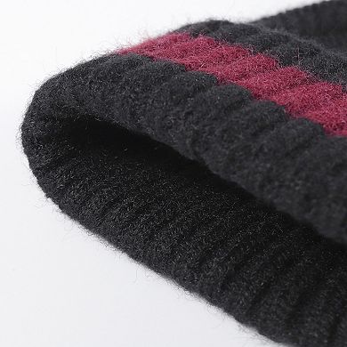 Unisex Rib Knit Beanie with Folded Cuff and Contrast Stripe Detail