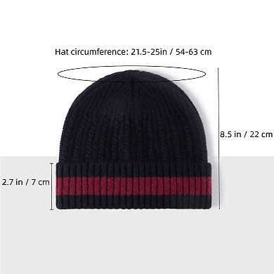 Unisex Rib Knit Beanie with Folded Cuff and Contrast Stripe Detail