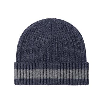 Unisex Rib Knit Beanie with Folded Cuff and Contrast Stripe Detail