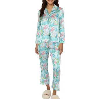 Women's 2 pc Set Button Front Pajama Set with Ocean Print and Soft Silky Fabric