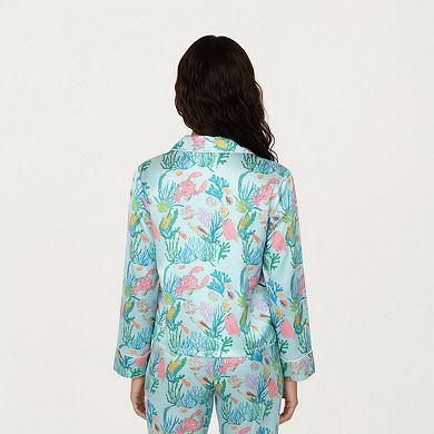 Women's 2-Piece Set Button Front Pajama Set with Ocean Print and Soft Silky Fabric