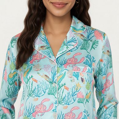 Women's 2-Piece Set Button Front Pajama Set with Ocean Print and Soft Silky Fabric