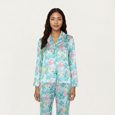 Women's 2-Piece Set Button Front Pajama Set with Ocean Print and Soft Silky Fabric