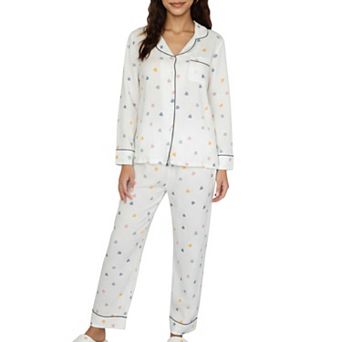 Women's 2 pc Set Long Sleeve Button Front Top and Relaxed Fit Pants Pajama Set with Heart Print
