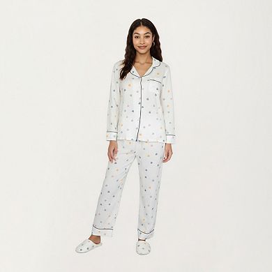 Women's 2-Piece Set Long Sleeve Button Front Top and Relaxed Fit Pants Pajama Set with Heart Print