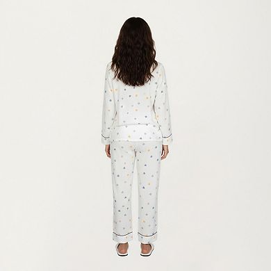 Women's 2-Piece Set Long Sleeve Button Front Top and Relaxed Fit Pants Pajama Set with Heart Print