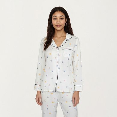 Women's 2-Piece Set Long Sleeve Button Front Top and Relaxed Fit Pants Pajama Set with Heart Print