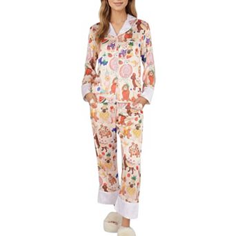 Women's 2 pc Set Long Sleeve Button Front Top and Relaxed Fit Pants Pajama Set with Fun Dog Print