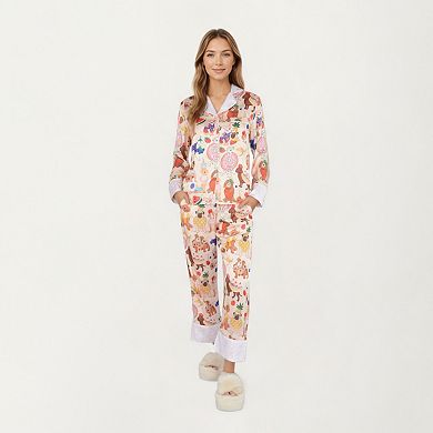Women's 2-Piece Set Long Sleeve Button Front Top and Relaxed Fit Pants Pajama Set with Fun Dog Print
