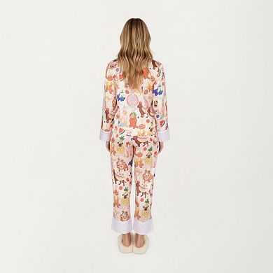 Women's 2-Piece Set Long Sleeve Button Front Top and Relaxed Fit Pants Pajama Set with Fun Dog Print