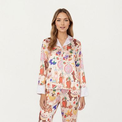 Women's 2-Piece Set Long Sleeve Button Front Top and Relaxed Fit Pants Pajama Set with Fun Dog Print