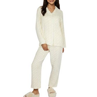 Women's 2 pc Long Sleeve Button Front Top and Relaxed Fit Pants Pajama Set with Polka Dot Print
