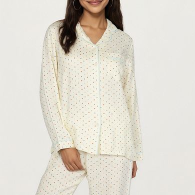 Women's 2-Piece Long Sleeve Button Front Top and Relaxed Fit Pants Pajama Set with Polka Dot Print