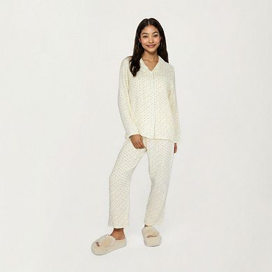 Women's 2-Piece Long Sleeve Button Front Top and Relaxed Fit Pants Pajama Set with Polka Dot Print
