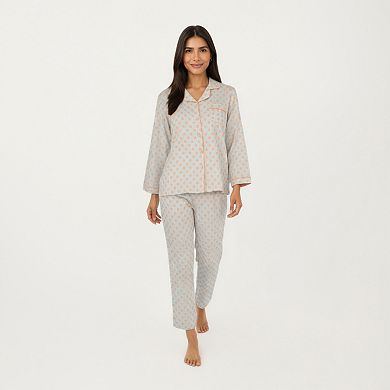 Women's 2-Piece Set Long Sleeve Button-Up Pajama Top with Matching Relaxed Fit Printed Pants